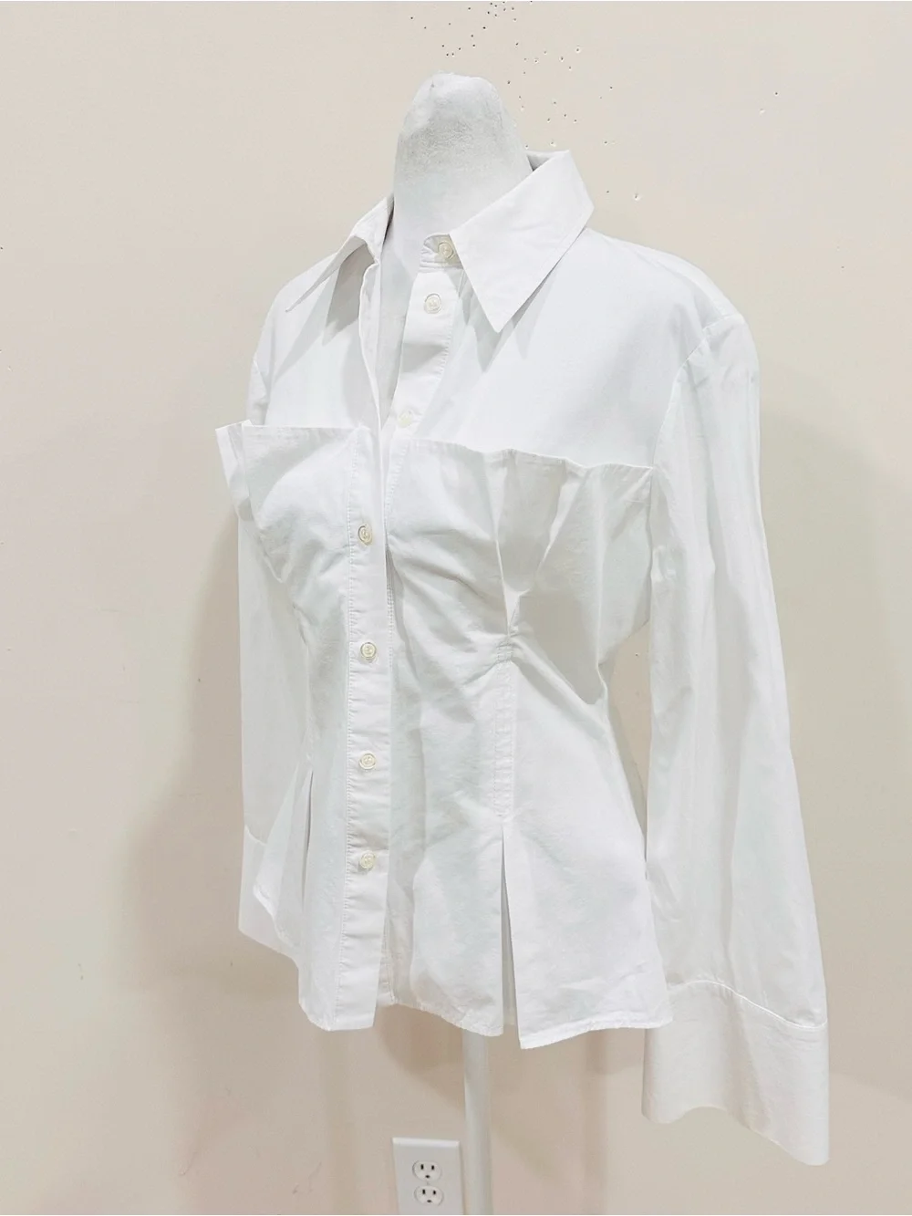 Zara White Poplin Corset Shirt Pleated Waist Ext Cuff Blouse M - Picture 4 of 12
